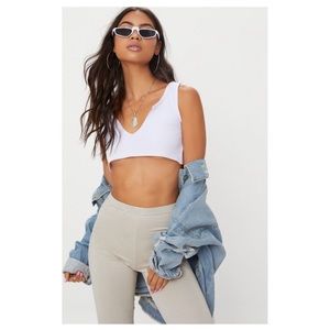 PLT - White Ribbed Deep V Crop Top